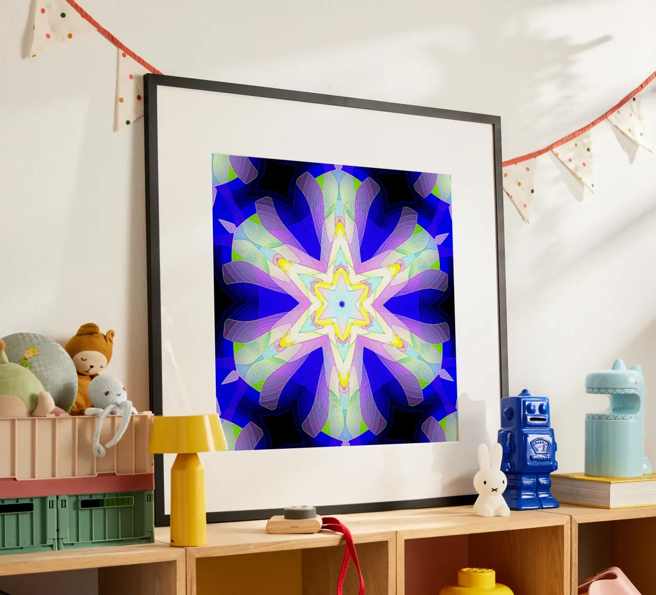 Kaléidoscope avec formes décorées en bleu, violet et vert poster de Gürsel Yesil Digital Art