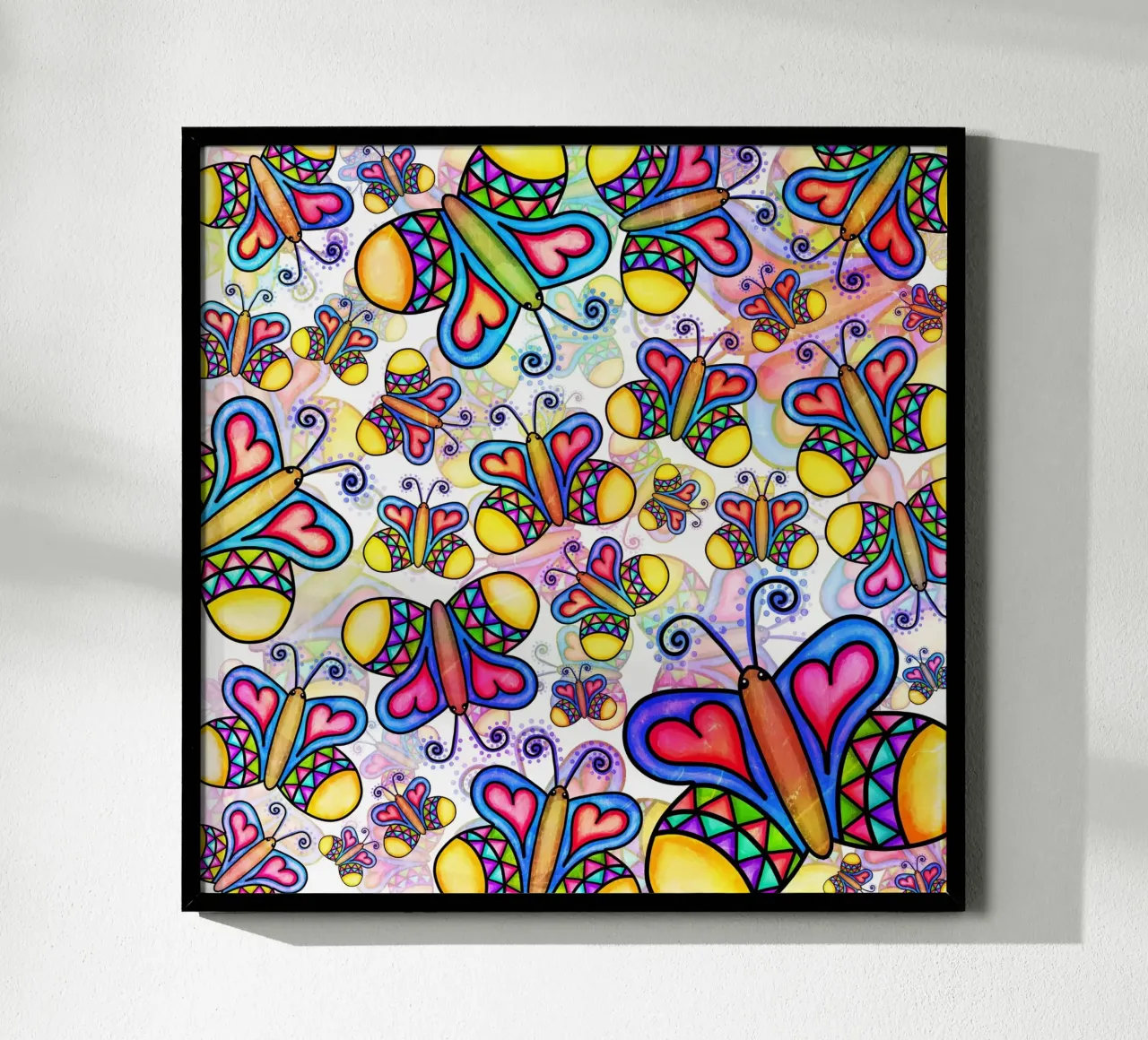 Carnevale con scarabocchi di farfalle poster con telaio in legno da Happy Littles