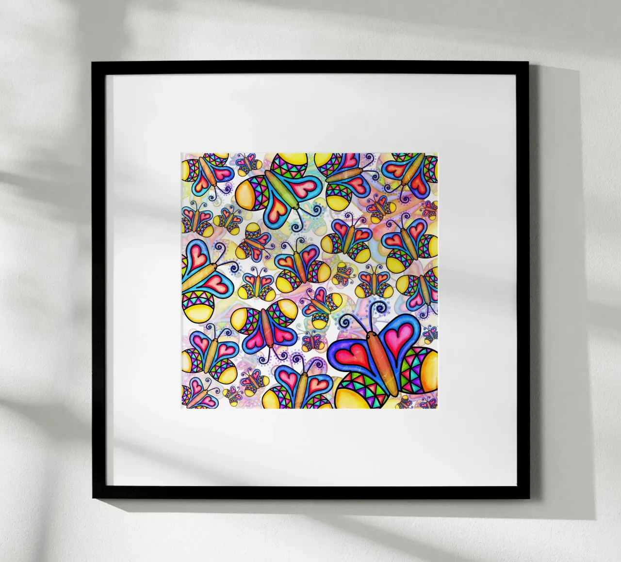 Carnevale con scarabocchi di farfalle poster con telaio in legno da Happy Littles