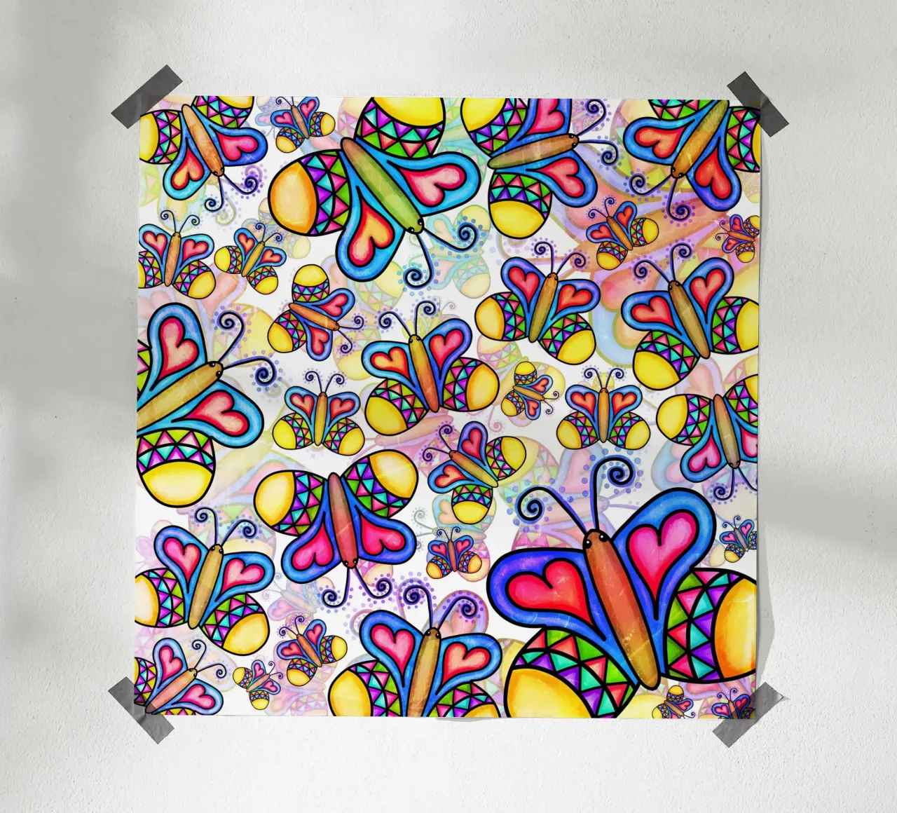 Carnevale con scarabocchi di farfalle poster con telaio in legno da Happy Littles