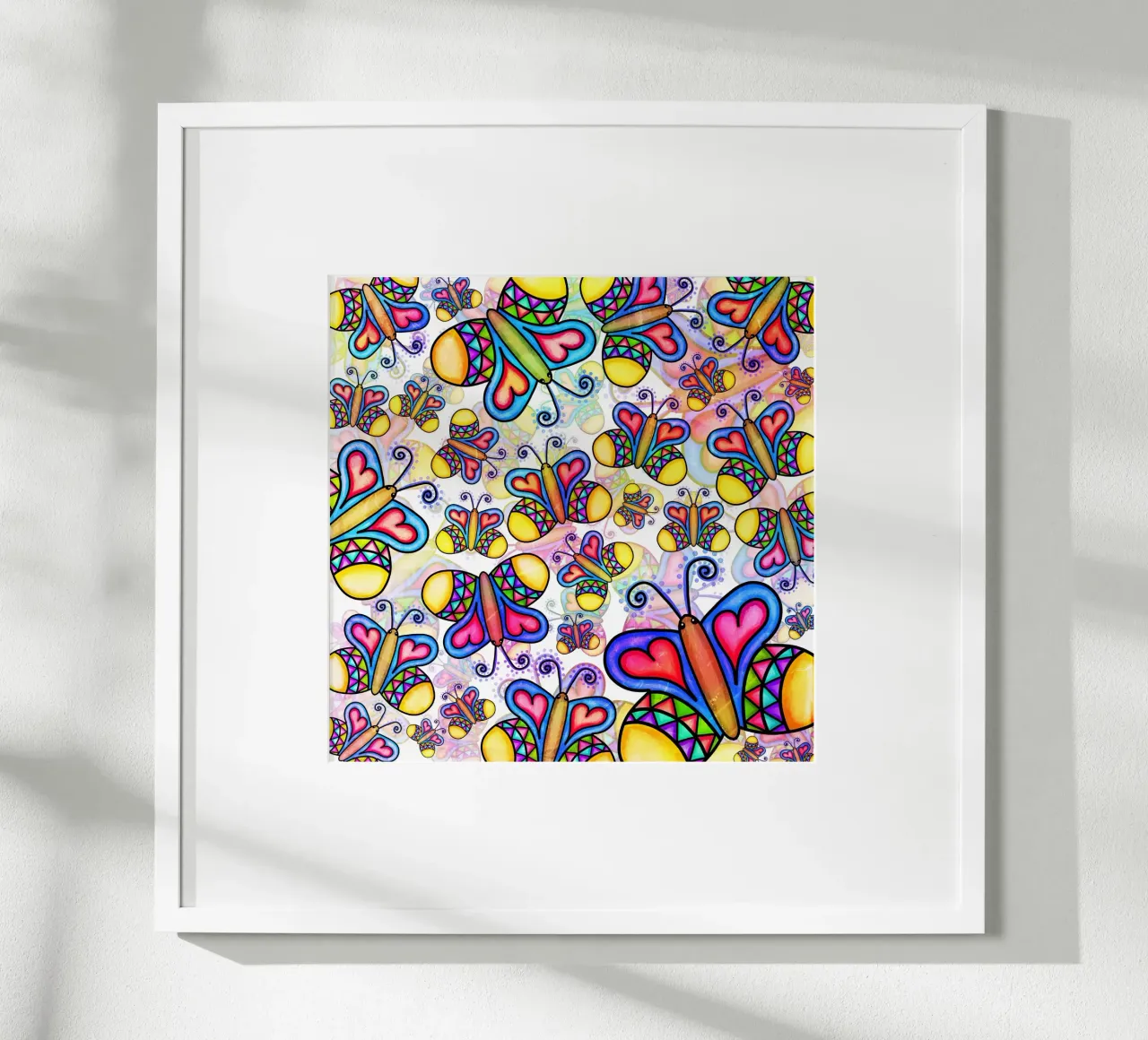 Carnevale con scarabocchi di farfalle poster con telaio in legno da Happy Littles