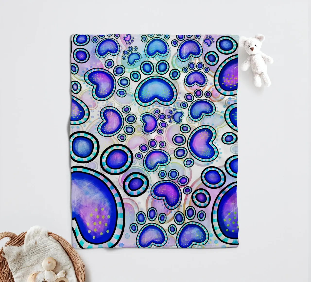 Doodle Paw Print Parade fleece blanket by Happy Littles