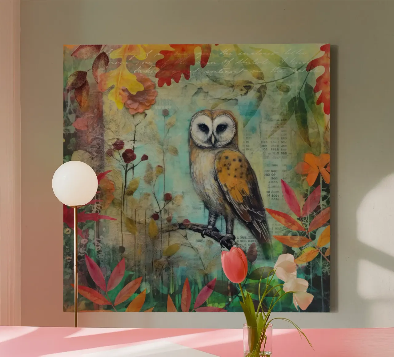 Uil Late Zomer Wildlife Kleurrijk Mixed Media Art canvas met Baklijst van Andrea Haase Modern Home