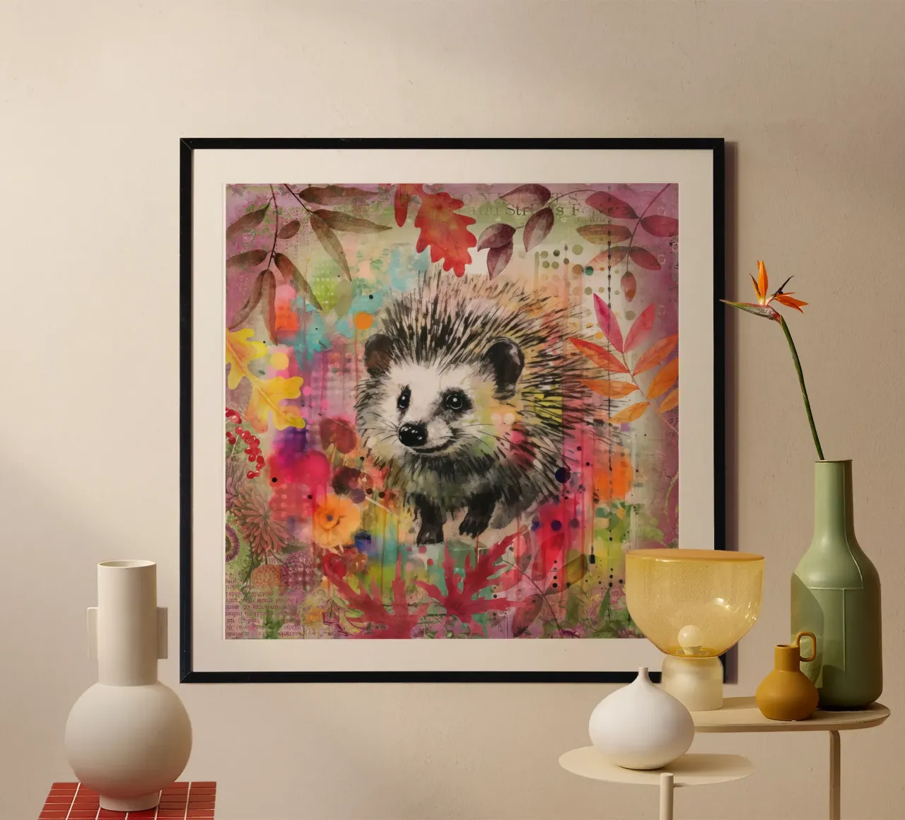 Riccio Tarda estate fauna selvatica Colorful Mixed Media Art poster con telaio in alluminio da Andrea Haase Modern Home