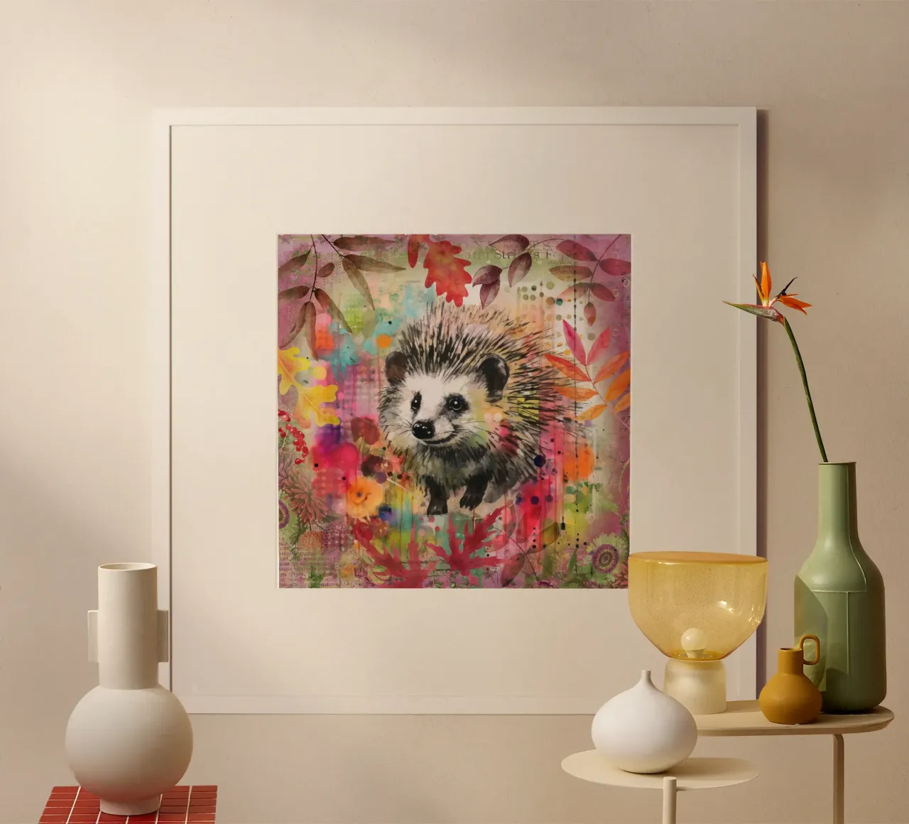 Riccio Tarda estate fauna selvatica Colorful Mixed Media Art poster con telaio in alluminio da Andrea Haase Modern Home