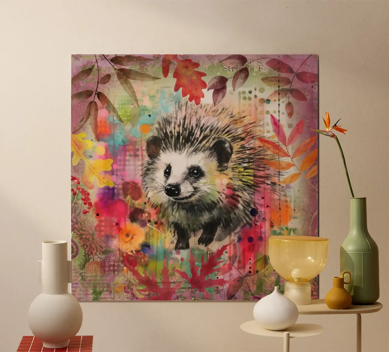 Riccio Tarda estate fauna selvatica Colorful Mixed Media Art poster con telaio in alluminio da Andrea Haase Modern Home