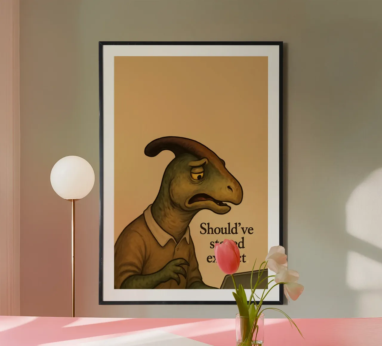 Meme divertente sul saurolofo poster con telaio in legno da Funny Humor Art
