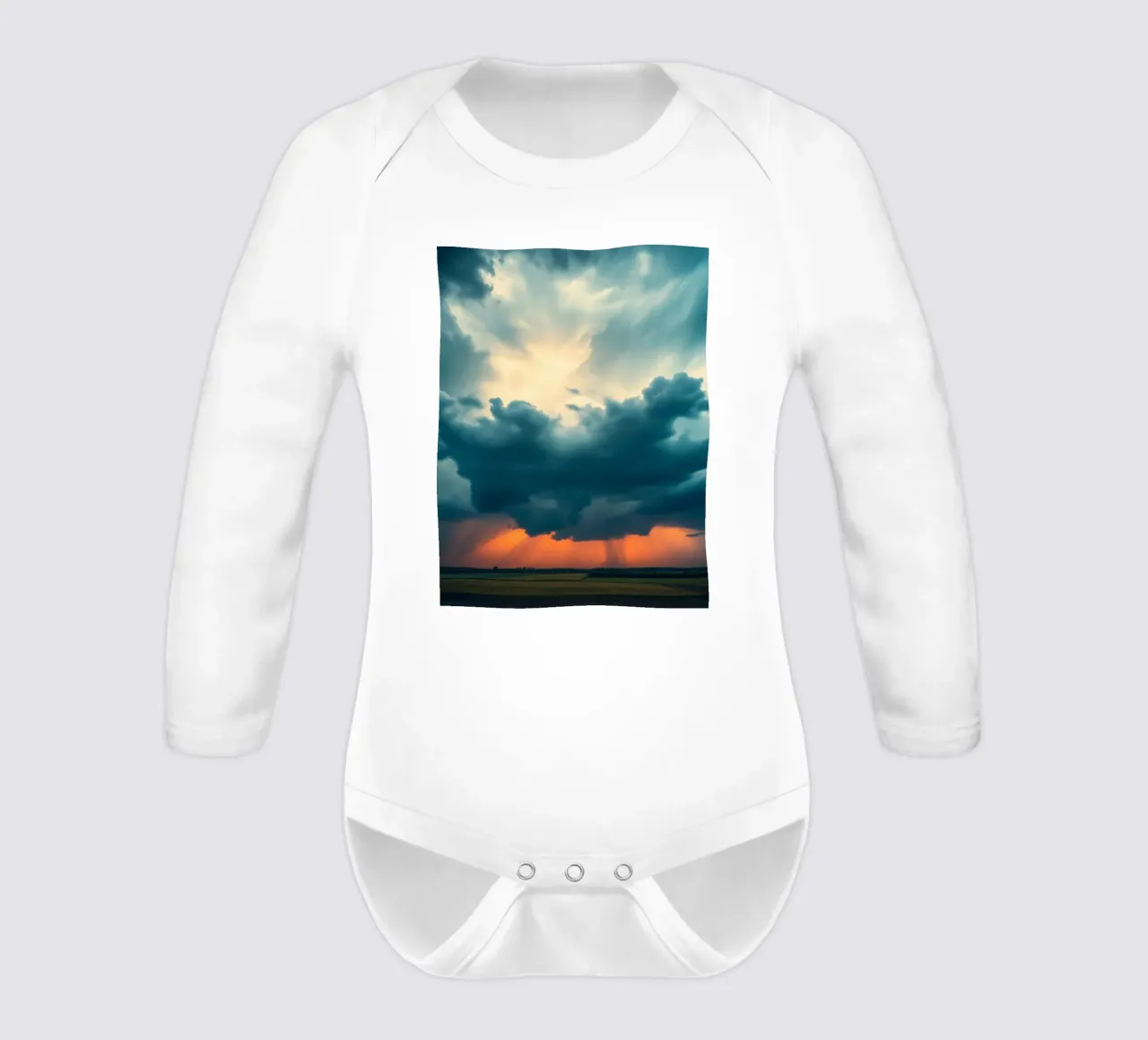 Dramatic sunset sky over open fields with towering clouds long-sleeve baby romper by DesignDoodle