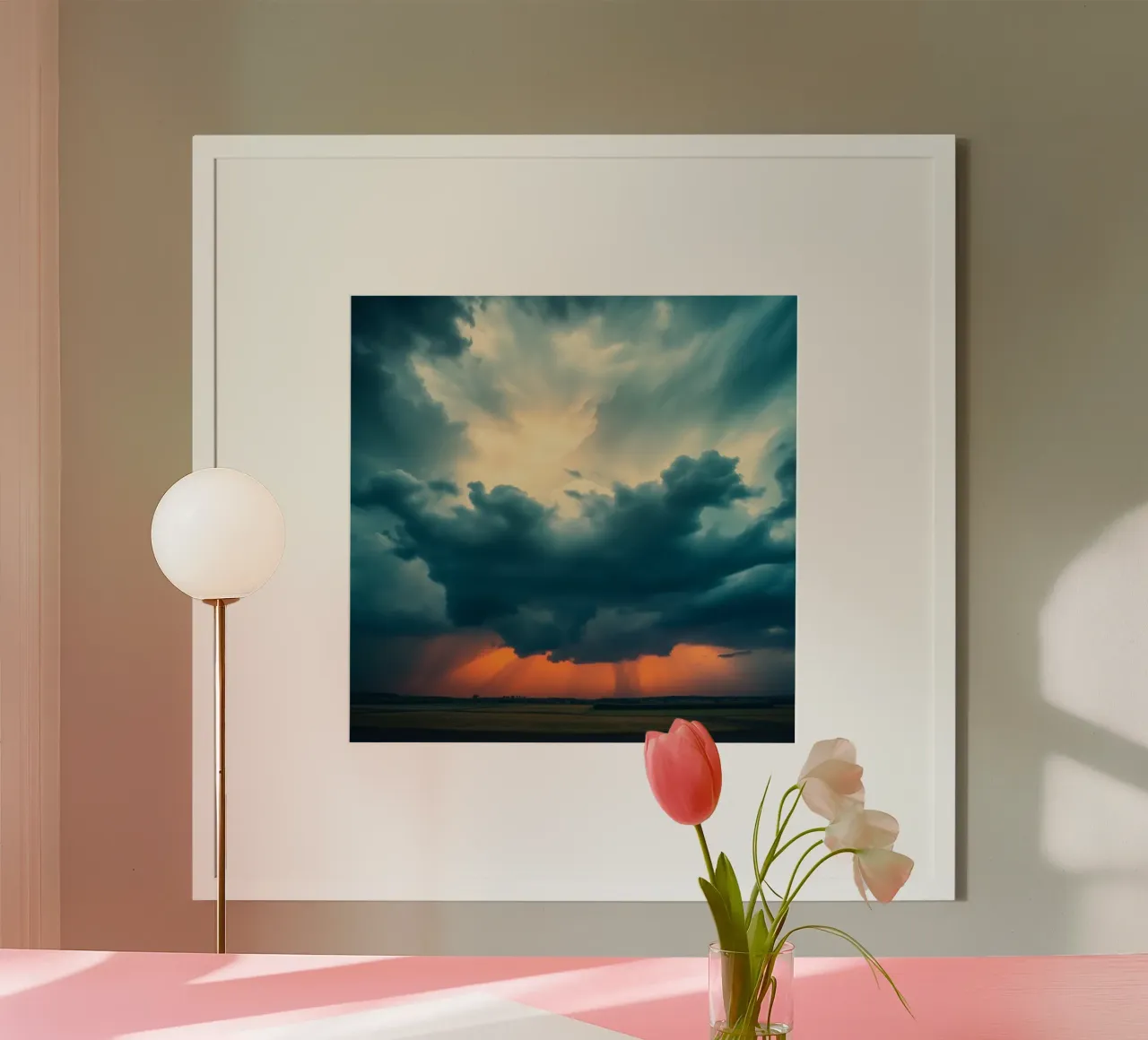 Ciel dramatique au coucher du soleil sur des champs ouverts avec des nuages imposants poster de DesignDoodle