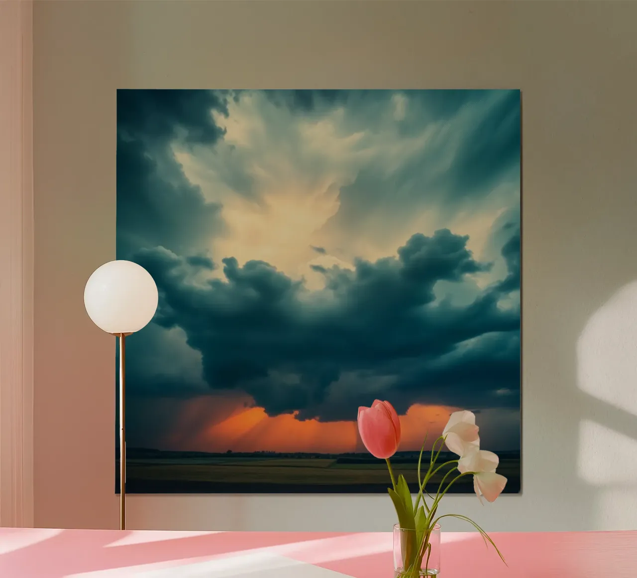 Ciel dramatique au coucher du soleil sur des champs ouverts avec des nuages imposants poster de DesignDoodle