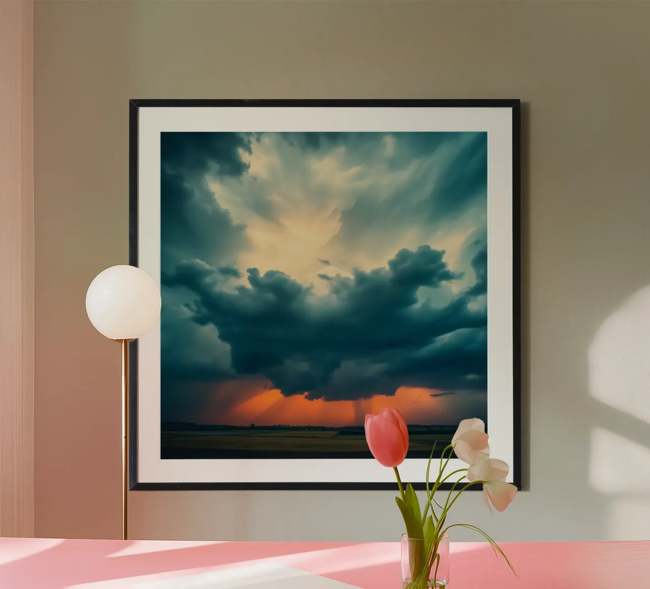 Ciel dramatique au coucher du soleil sur des champs ouverts avec des nuages imposants poster de DesignDoodle