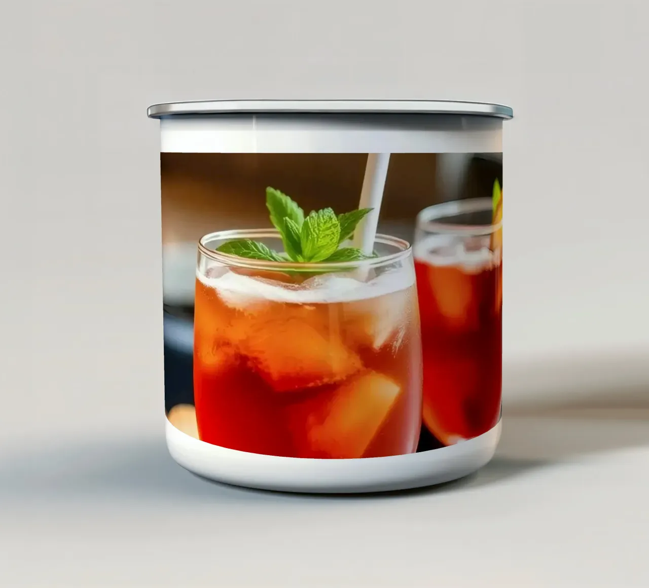 Bevande ghiacciate rinfrescanti servite con pane in un accogliente caffè tazza in smalto da DesignDoodle