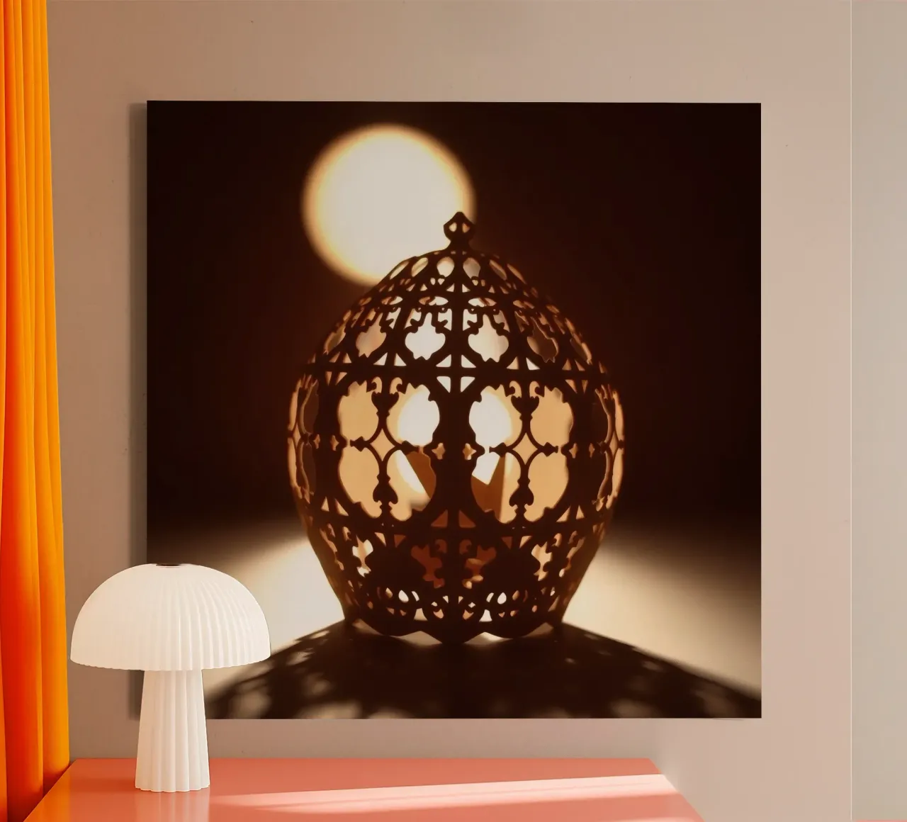 Intricately designed lantern casting warm light at sunset canvas by DesignDoodle