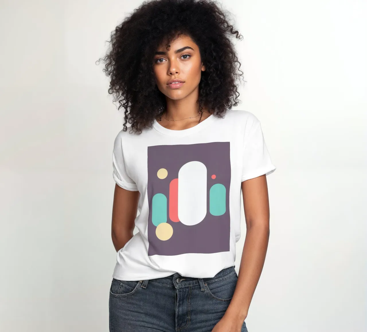 Abstract geometric shapes in soft colors on muted backgroud women's fitted t-shirt by DesignDoodle