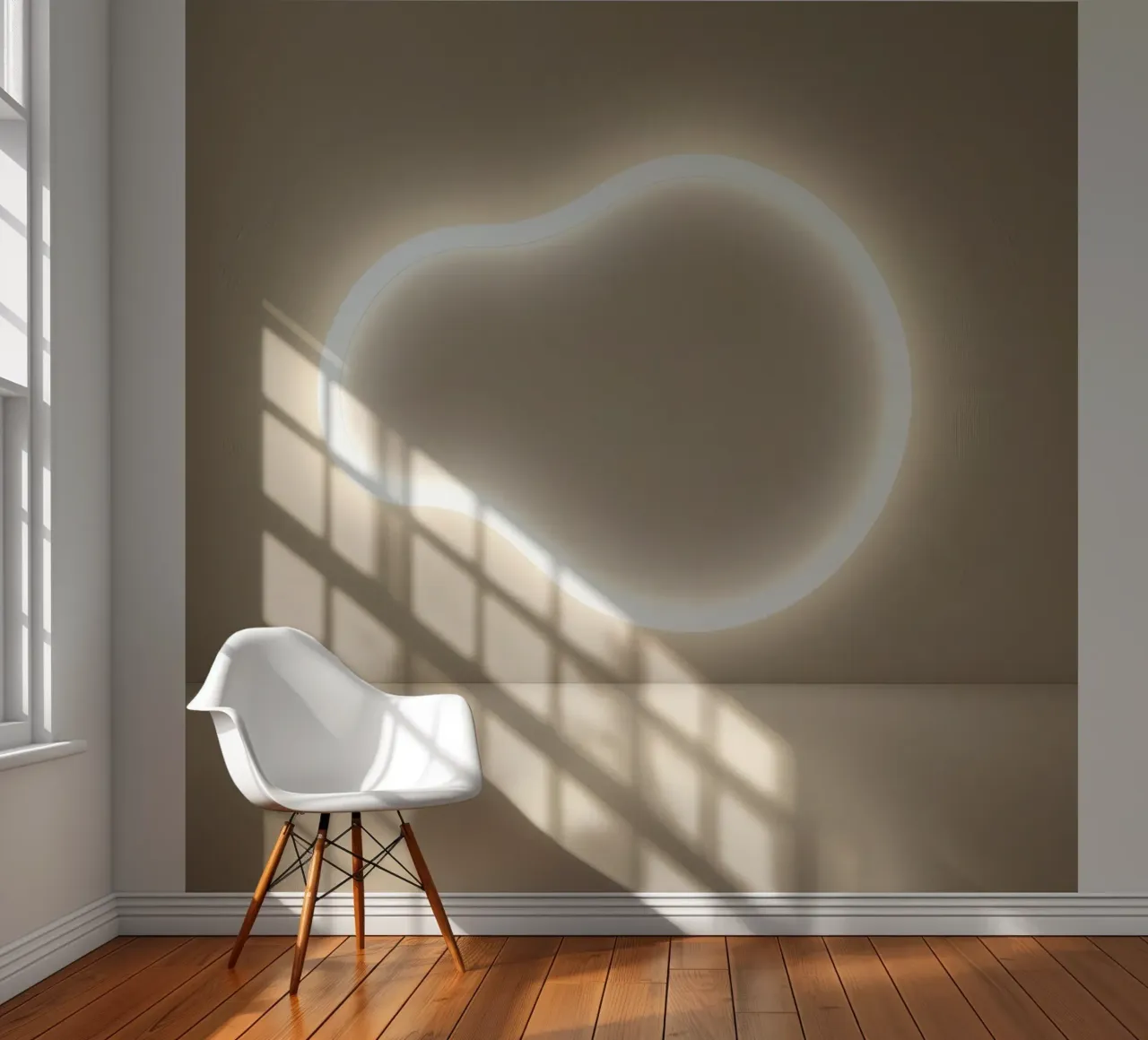 Lichtinstallation erzeugt sanftes Leuchten vor neutraler Wand Fototapete von DesignDoodle