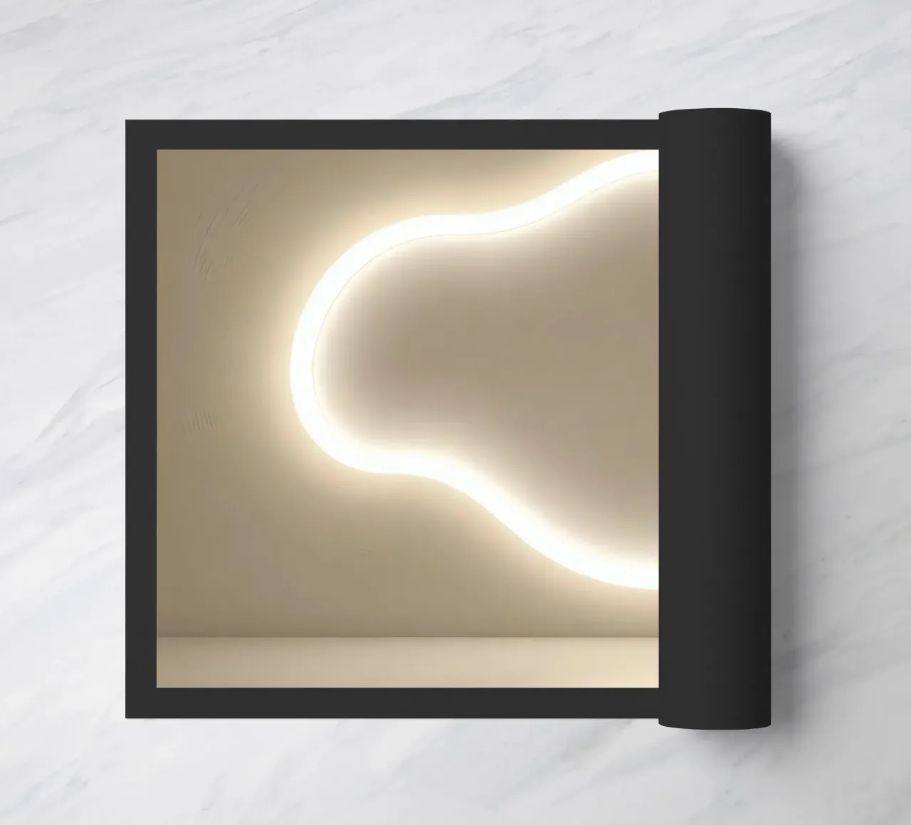 Light installation creates soft glow against neutral wall doormat by DesignDoodle