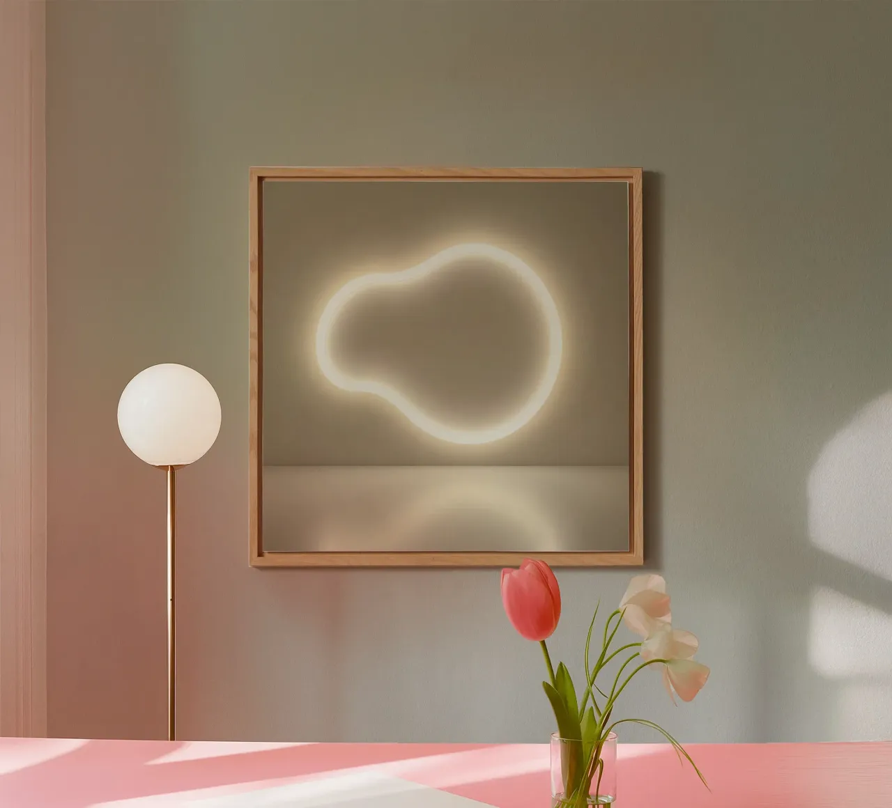 L'installation lumineuse crée une lueur douce contre un mur neutre alu dibond de DesignDoodle