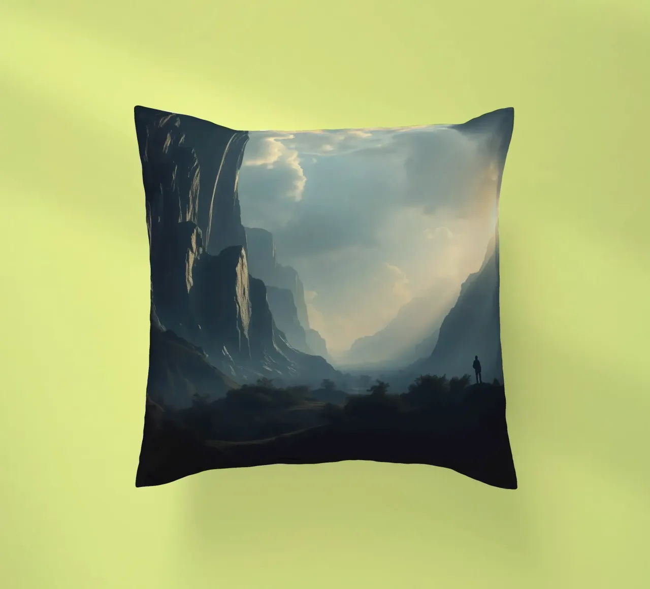 paesaggio montano all'alba con figura solitaria in esplorazione cuscino da DesignDoodle