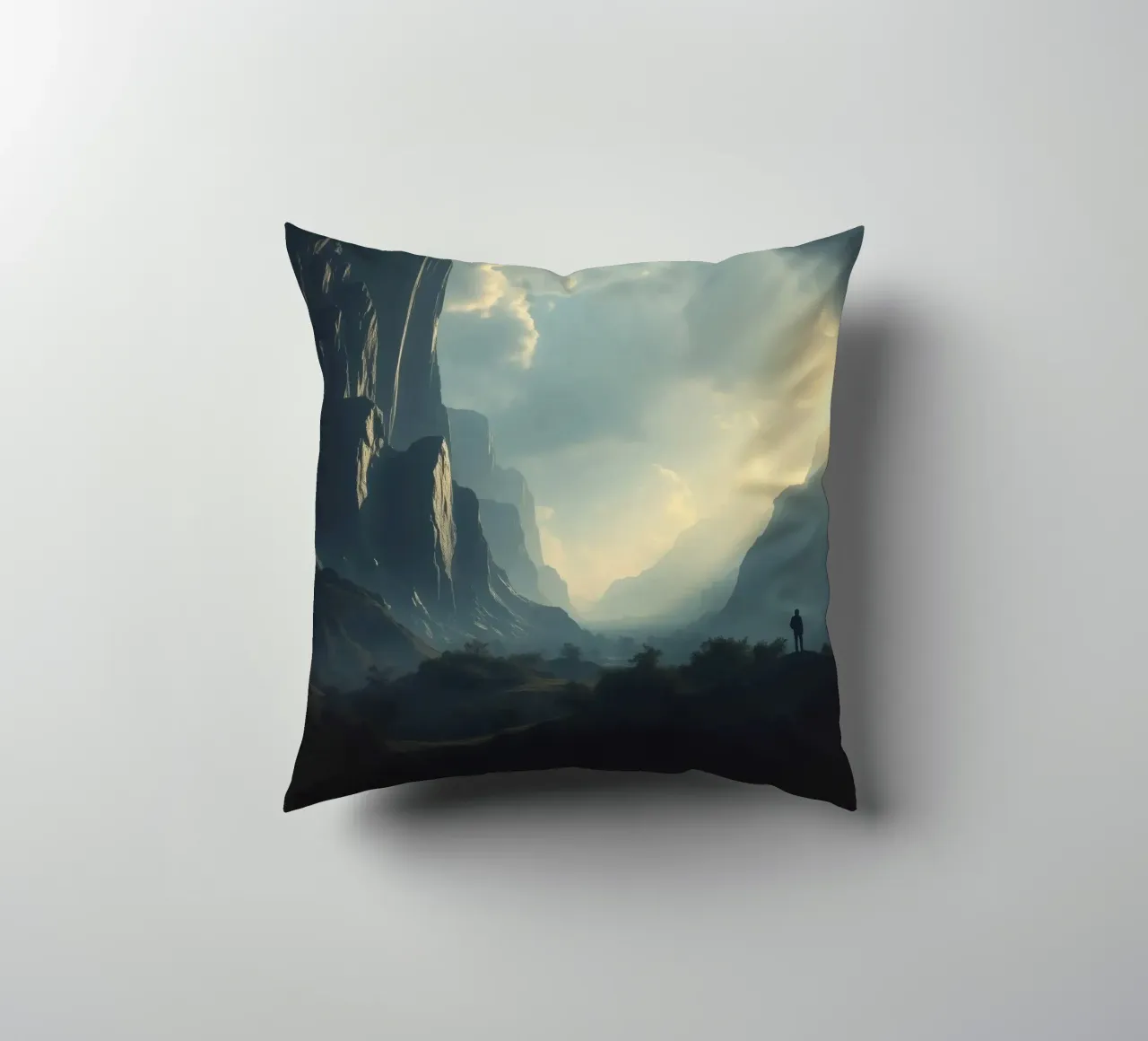 paesaggio montano all'alba con figura solitaria in esplorazione cuscino da DesignDoodle