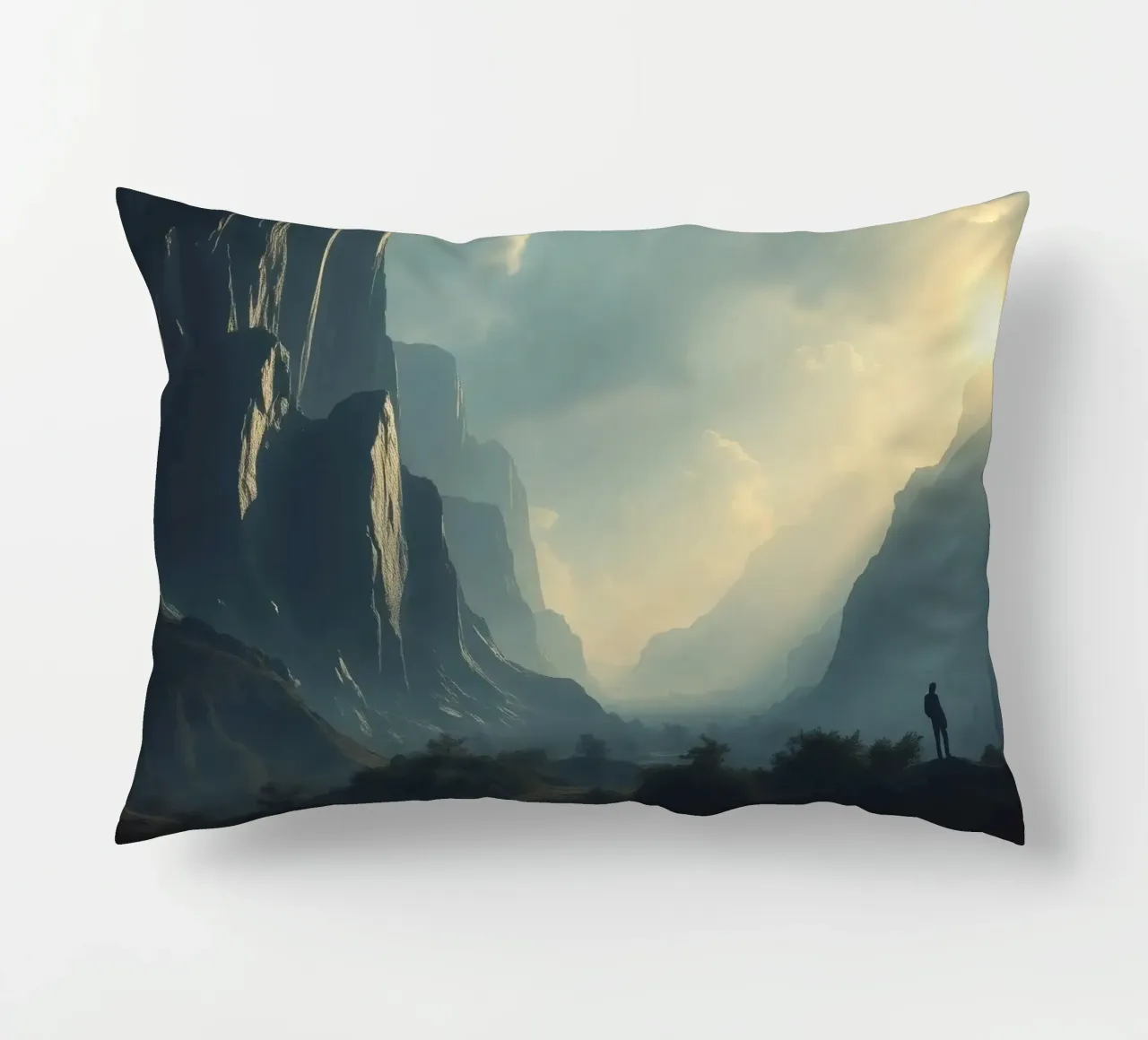 paesaggio montano all'alba con figura solitaria in esplorazione cuscino da DesignDoodle