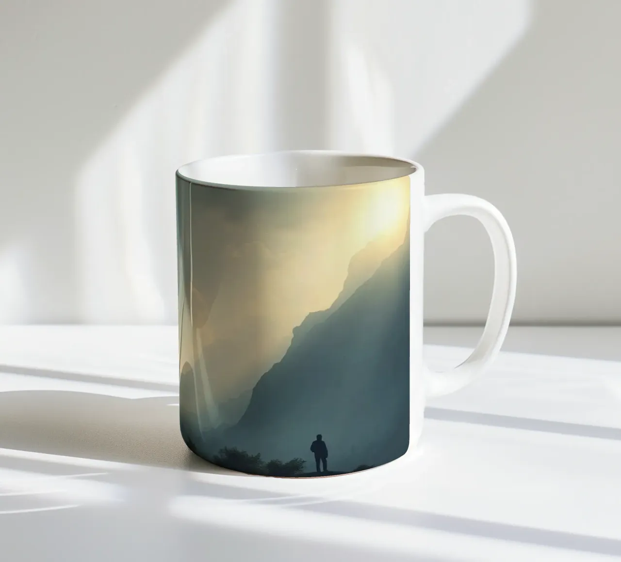 mountain landscape at dawn with lone figure exploring ceramic mug by DesignDoodle