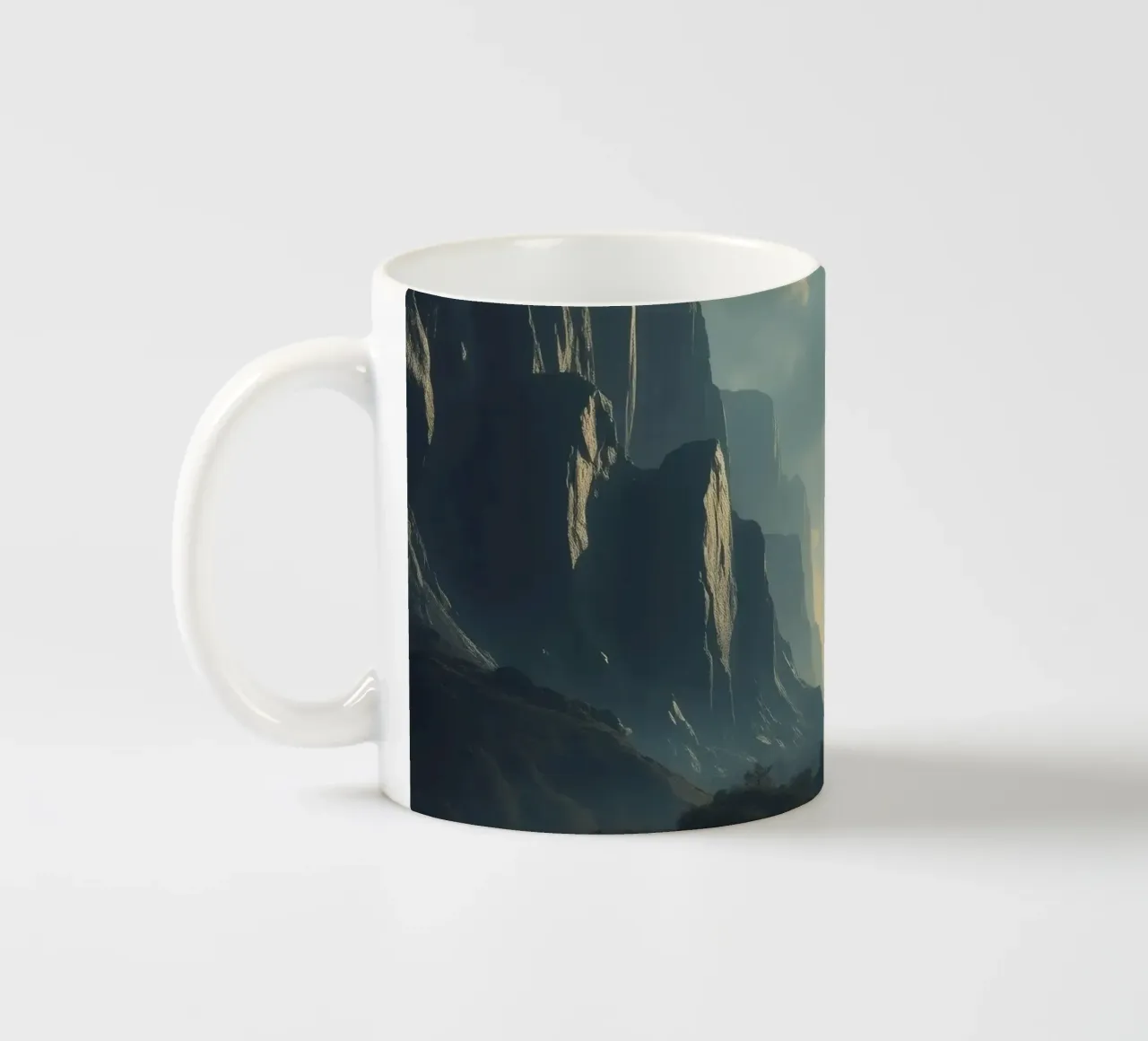 mountain landscape at dawn with lone figure exploring ceramic mug by DesignDoodle