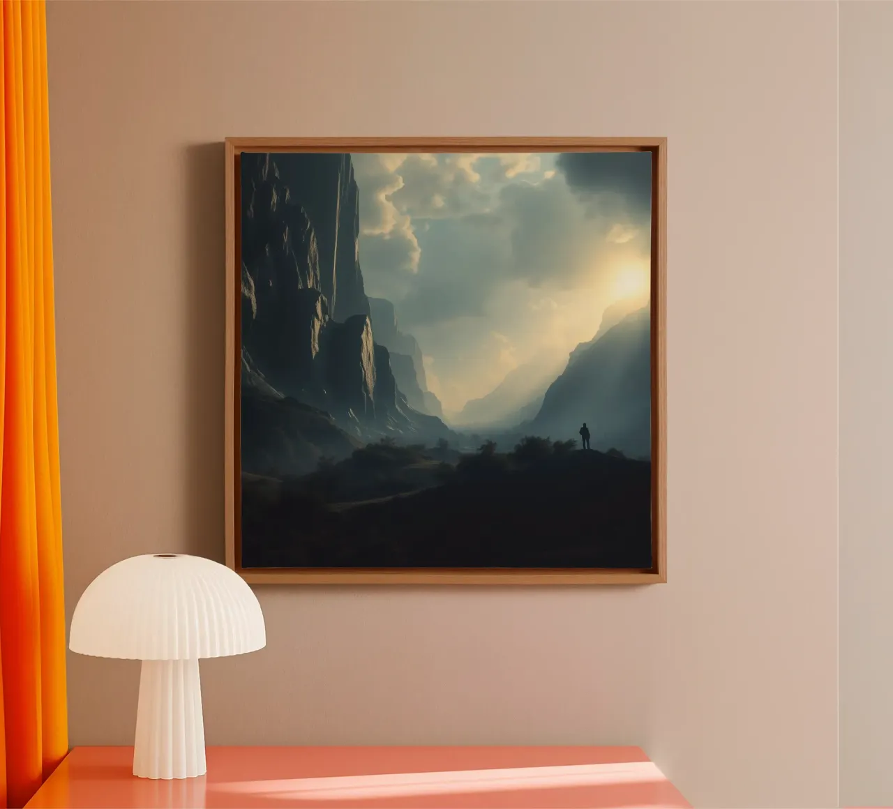 mountain landscape at dawn with lone figure exploring canvas with Floater frame by DesignDoodle