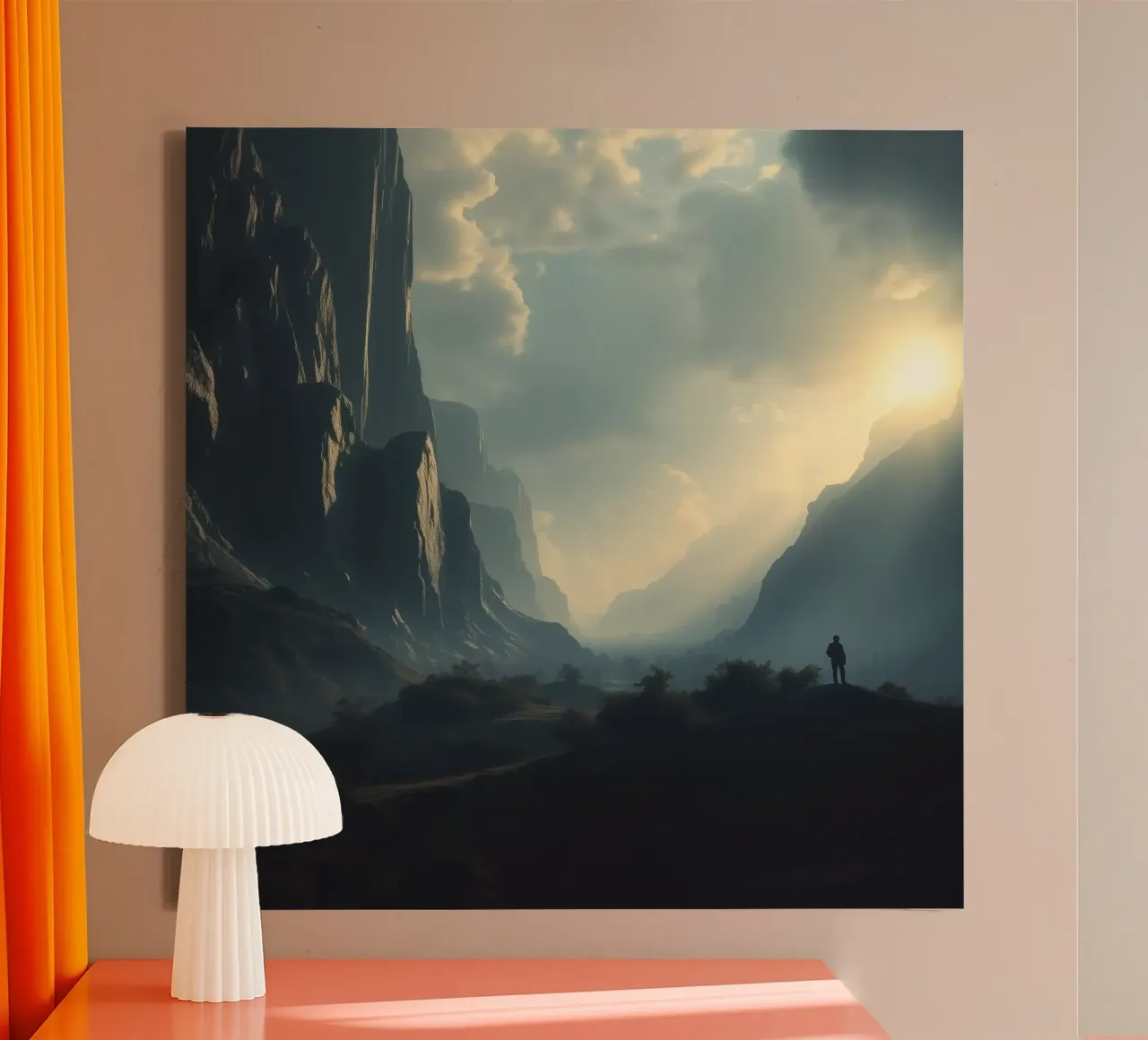 mountain landscape at dawn with lone figure exploring canvas with Floater frame by DesignDoodle