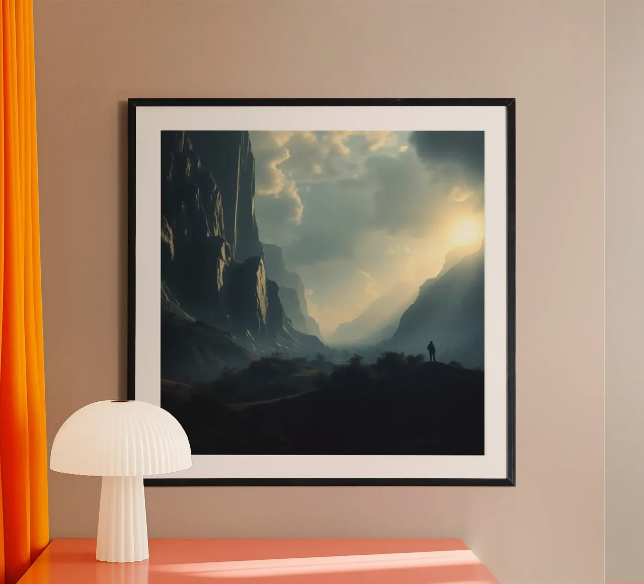 mountain landscape at dawn with lone figure exploring poster by DesignDoodle