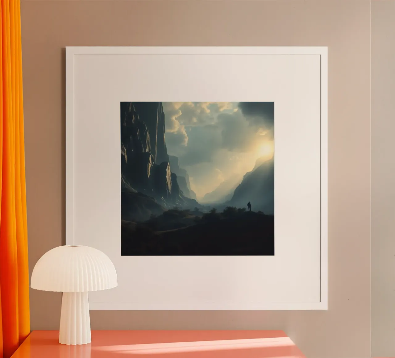mountain landscape at dawn with lone figure exploring poster by DesignDoodle