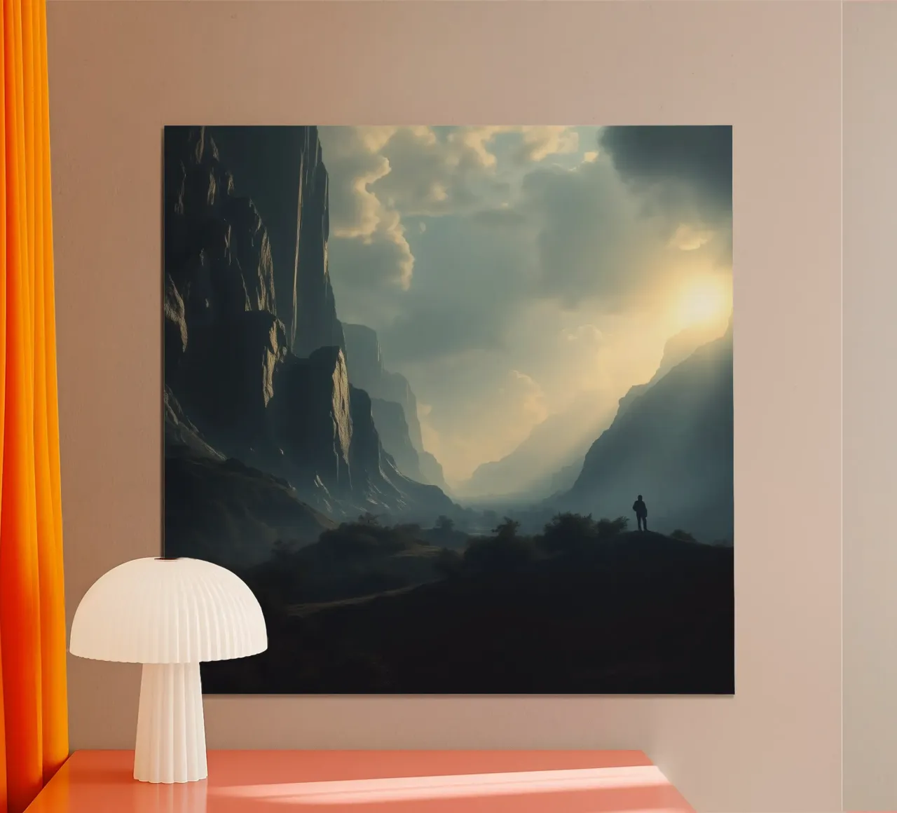 mountain landscape at dawn with lone figure exploring poster by DesignDoodle