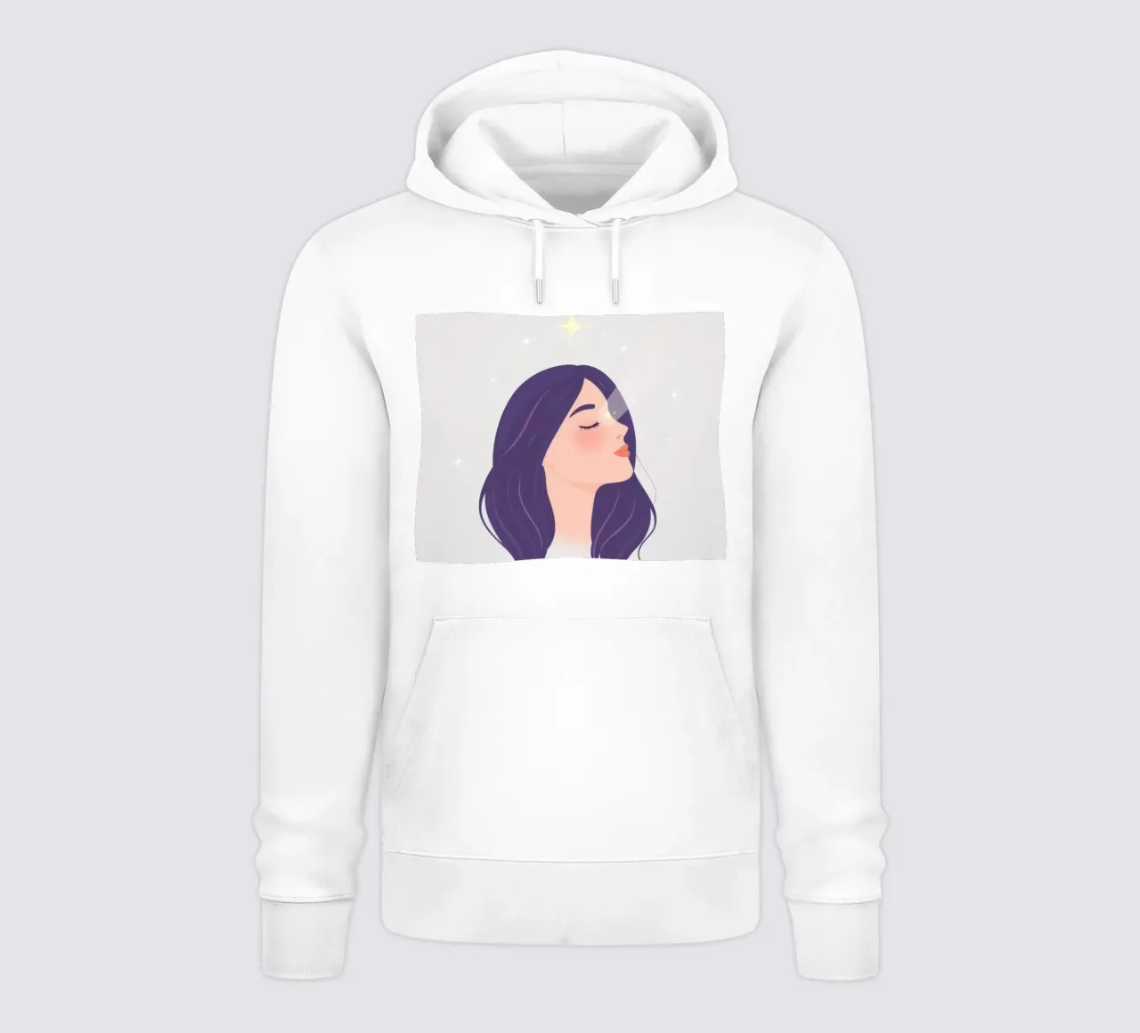 Donna con lunghi capelli viola sguardo verso l'alto espressione rilassata felpa con cappuccio da DesignDoodle