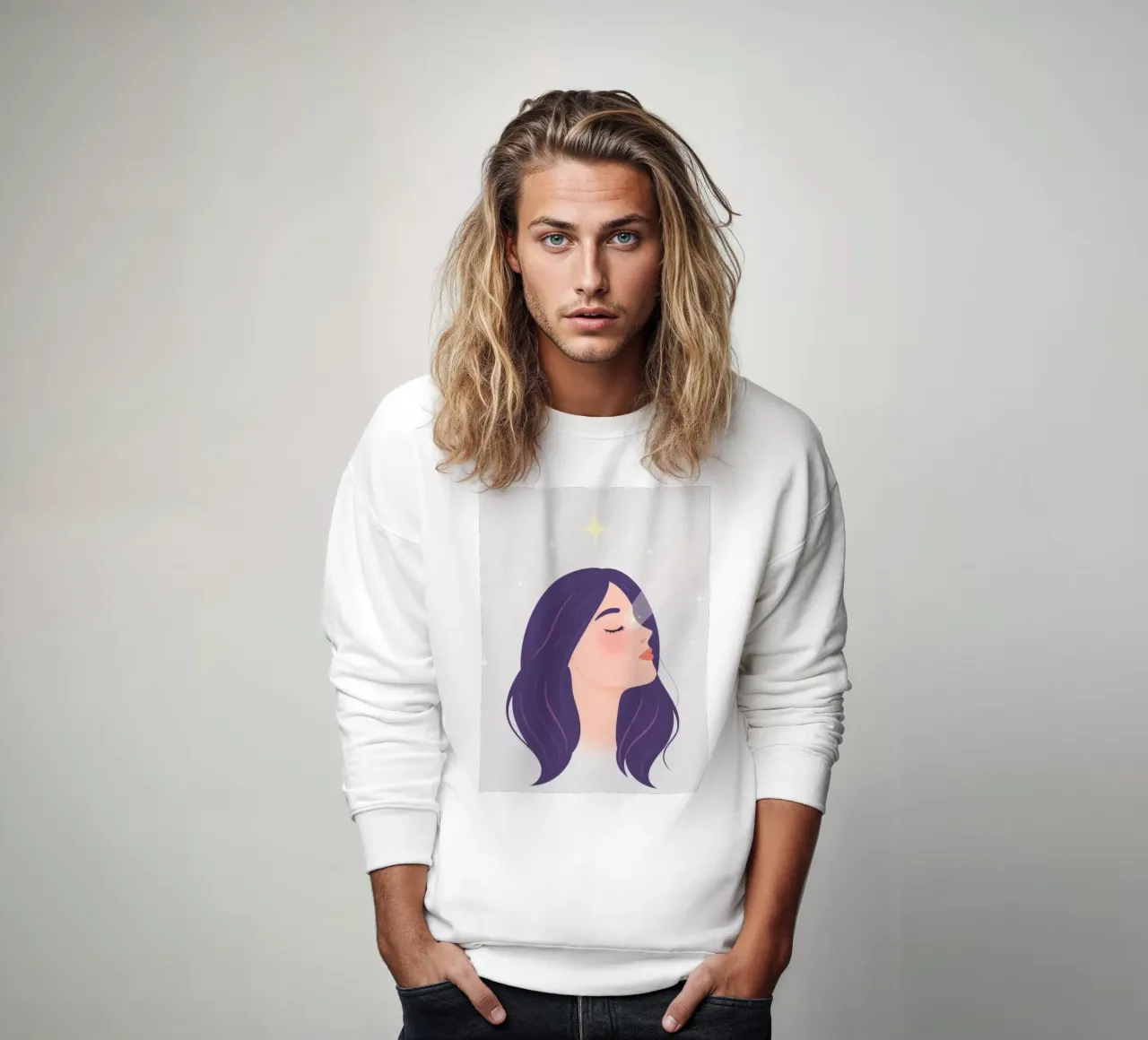 Donna con lunghi capelli viola sguardo verso l'alto espressione rilassata felpa da DesignDoodle