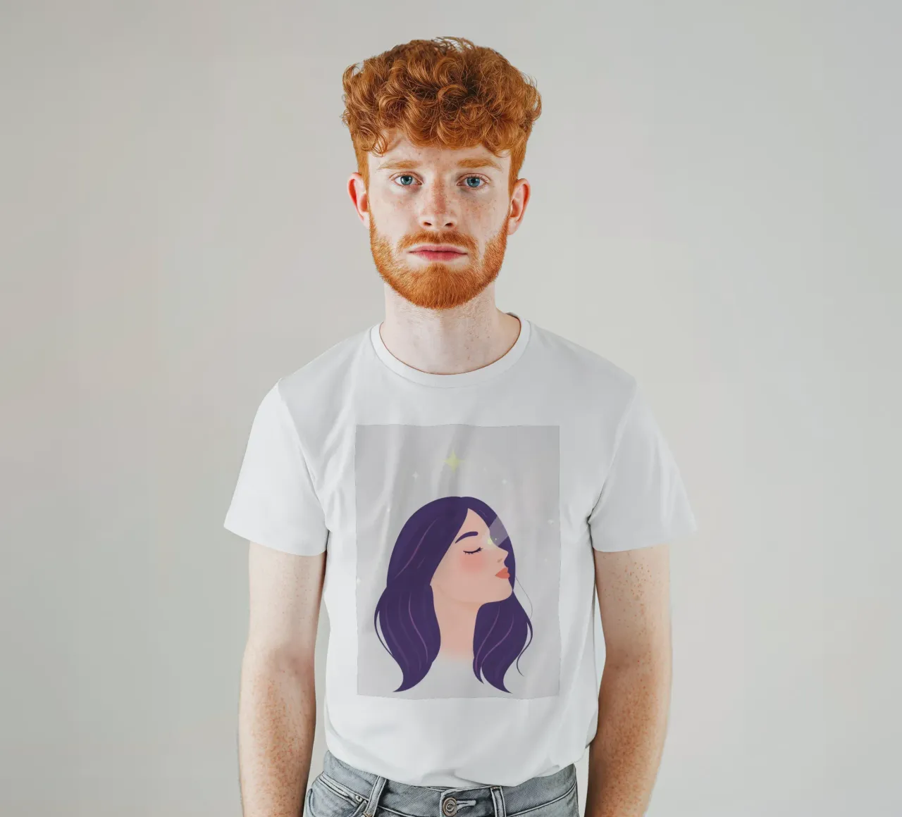 Donna con lunghi capelli viola sguardo verso l'alto espressione rilassata t-shirt da DesignDoodle