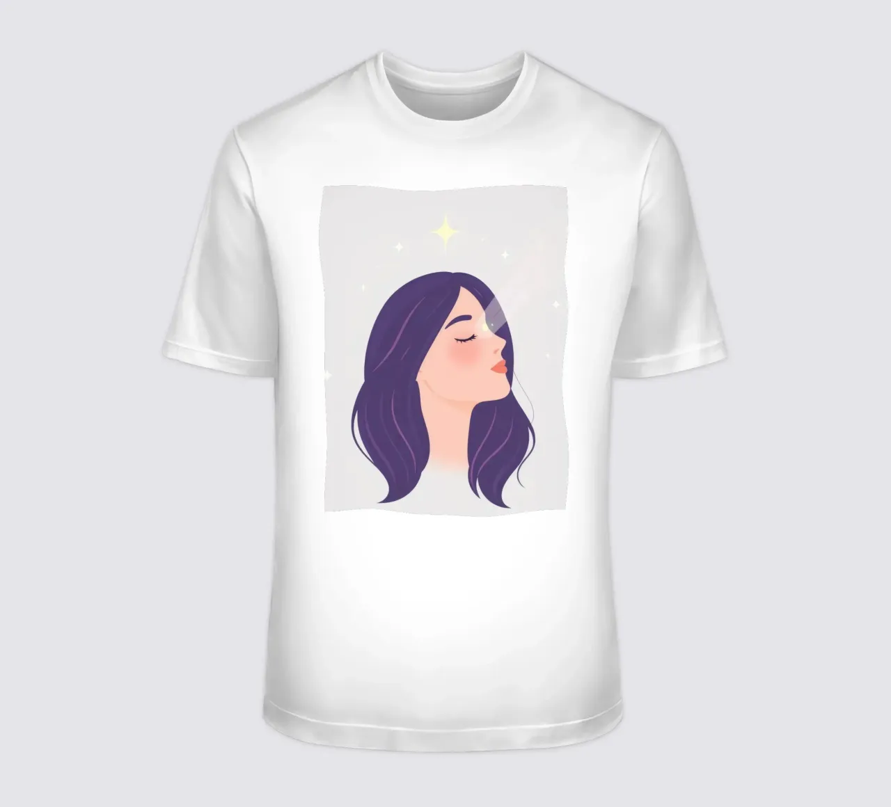 Donna con lunghi capelli viola sguardo verso l'alto espressione rilassata t-shirt da DesignDoodle
