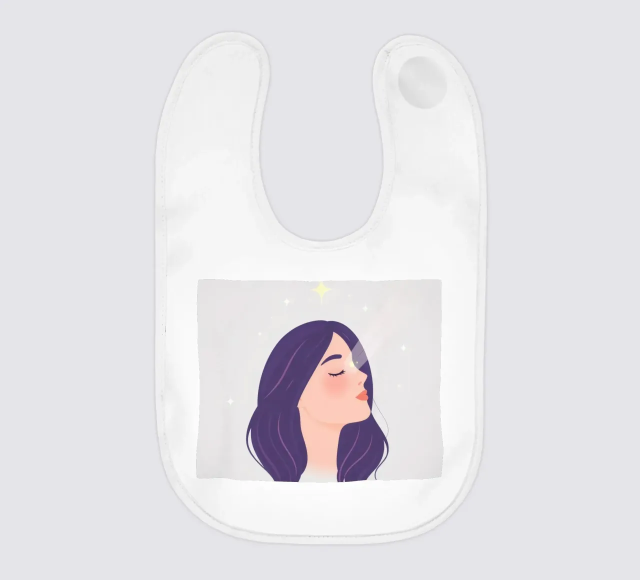 Woman with long purple hair look upward relaxed expression baby bib by DesignDoodle