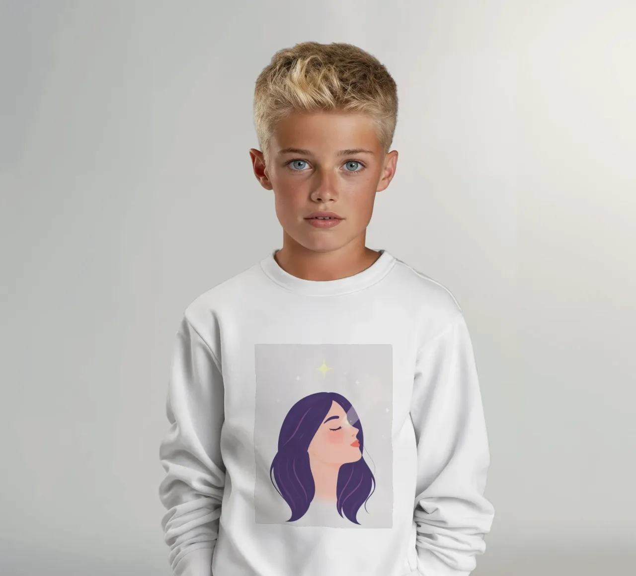 Donna con lunghi capelli viola sguardo verso l'alto espressione rilassata felpa bambino da DesignDoodle