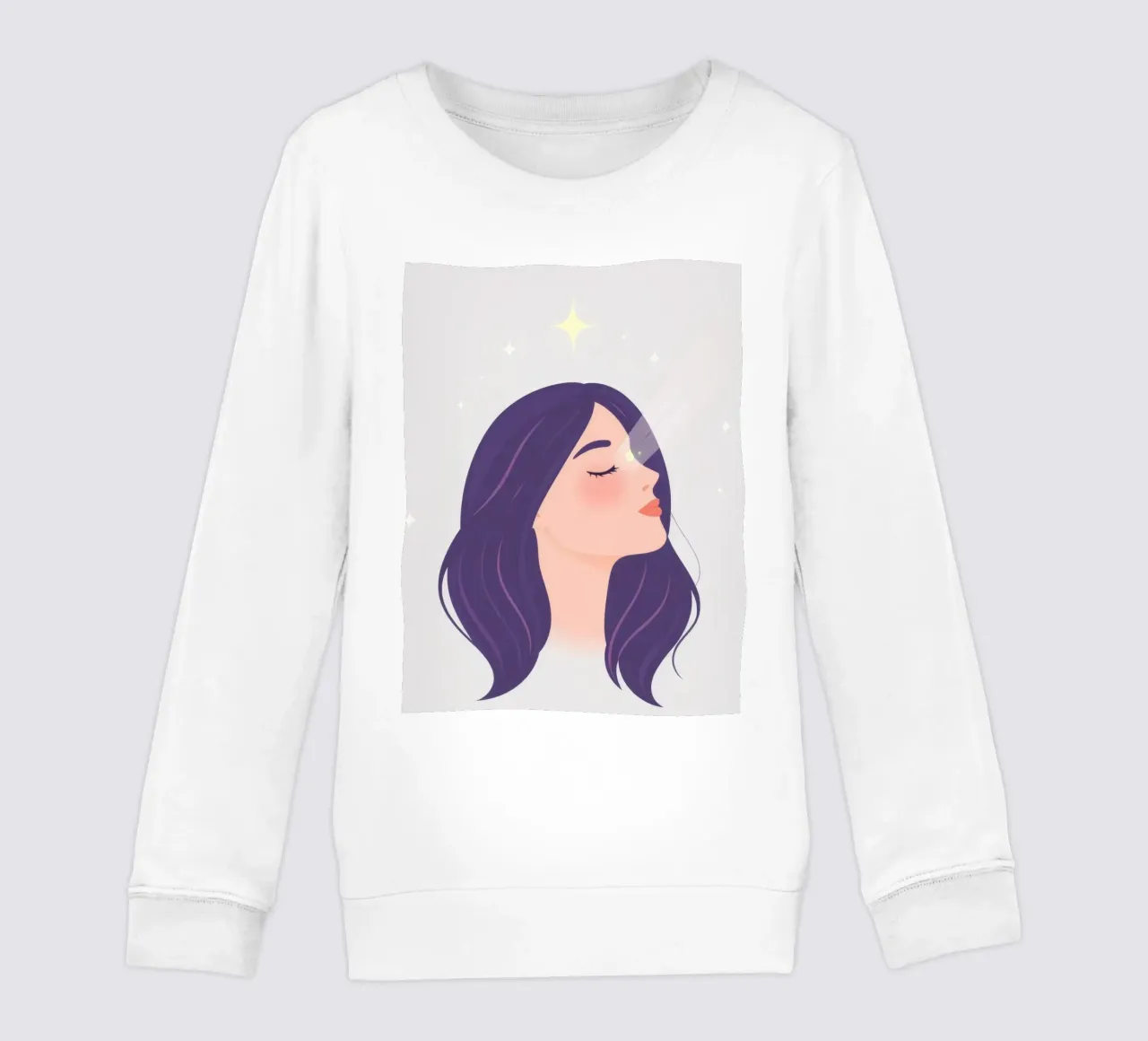 Donna con lunghi capelli viola sguardo verso l'alto espressione rilassata felpa bambino da DesignDoodle