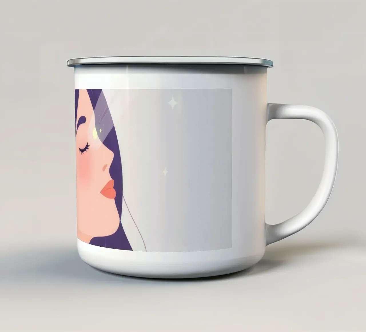 Donna con lunghi capelli viola sguardo verso l'alto espressione rilassata tazza in smalto da DesignDoodle