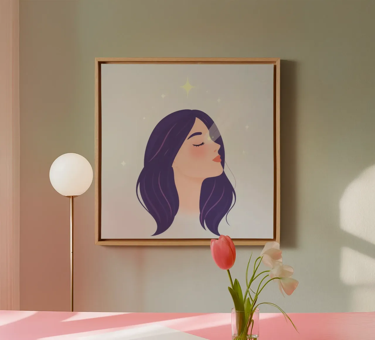 Donna con lunghi capelli viola sguardo verso l'alto espressione rilassata tela con Cornice a cassetta da DesignDoodle