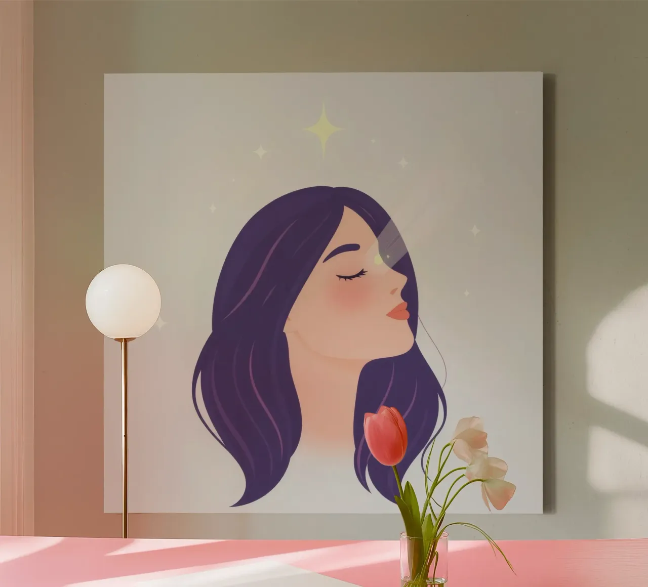 Donna con lunghi capelli viola sguardo verso l'alto espressione rilassata tela con Cornice a cassetta da DesignDoodle