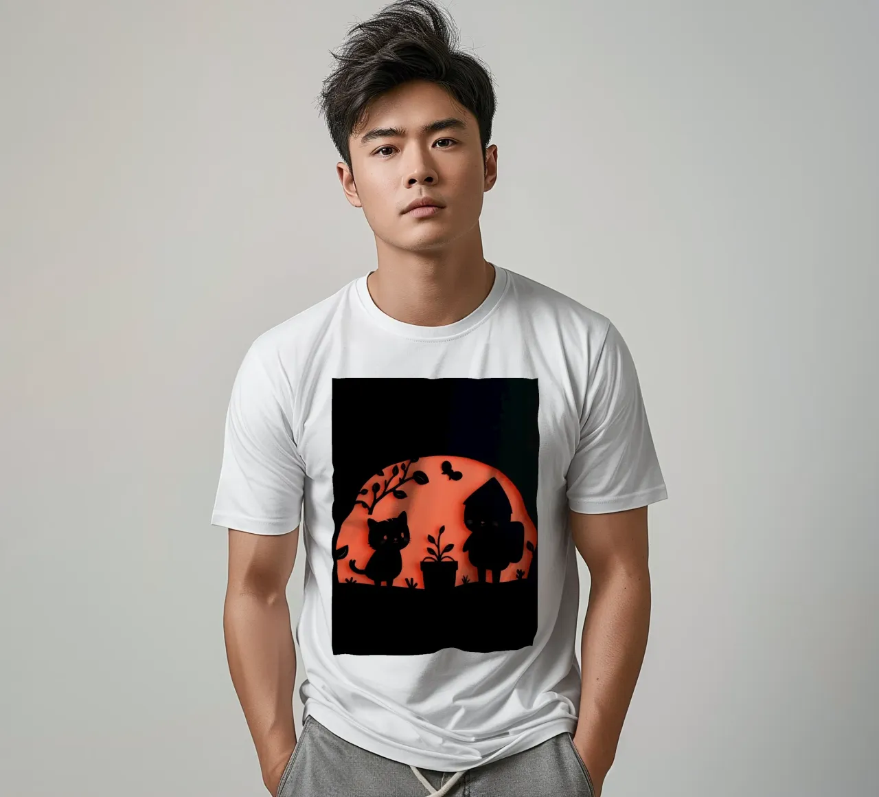 Silhouette of a character and a cat interacting t-shirt by DesignDoodle