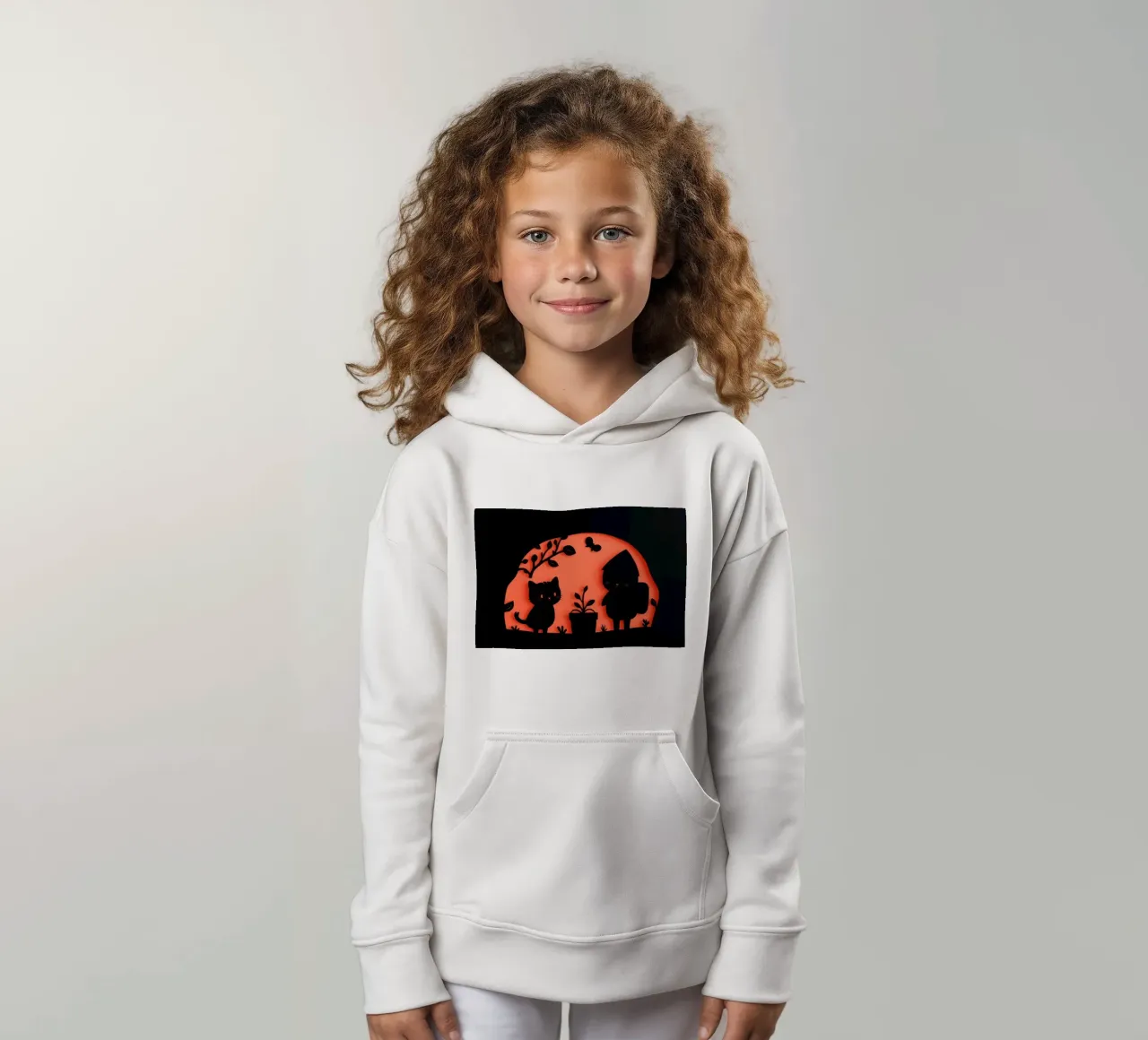 Silhouette di un personaggio e di un gatto che interagiscono felpa bambino con cappuccio da DesignDoodle