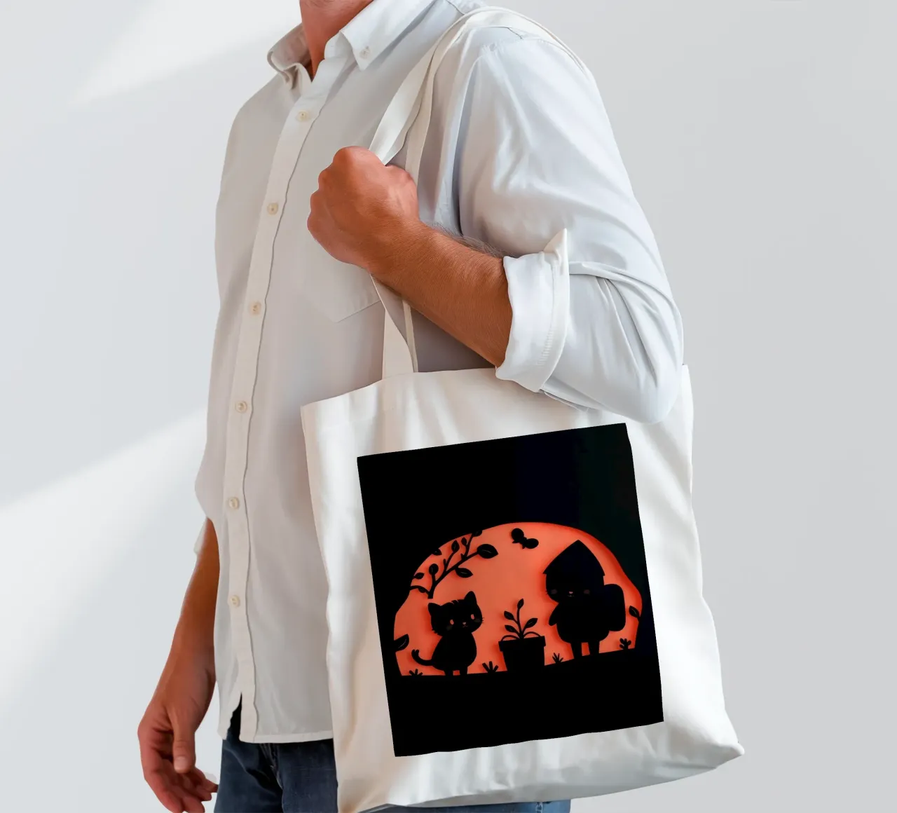Silhouette di un personaggio e di un gatto che interagiscono borsa in juta da DesignDoodle