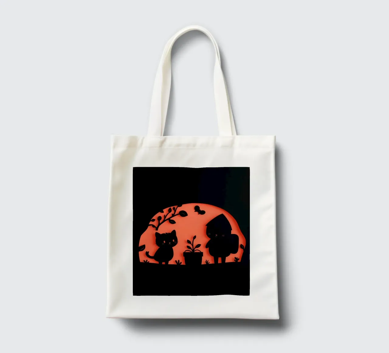 Silhouette di un personaggio e di un gatto che interagiscono borsa in juta da DesignDoodle