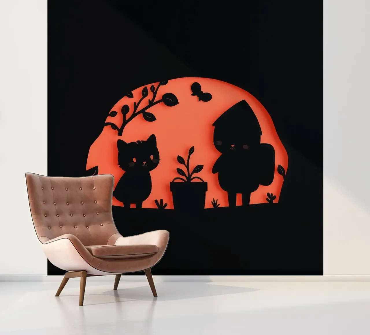 Silhouette di un personaggio e di un gatto che interagiscono carta da parati fotografica da DesignDoodle