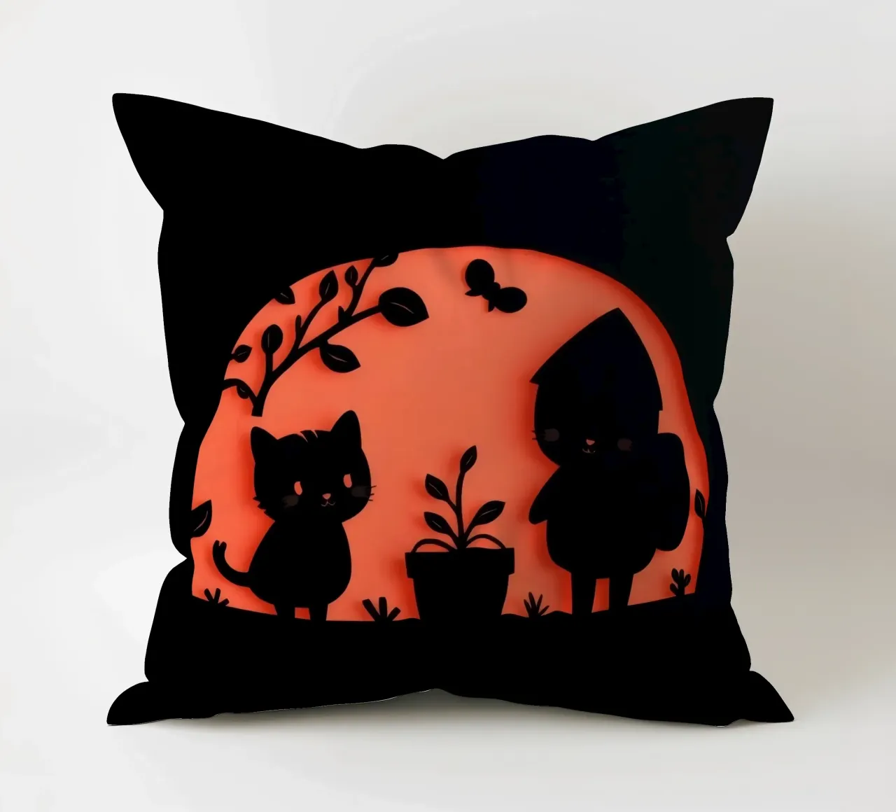Silhouette of a character and a cat interacting decorative cushion by DesignDoodle
