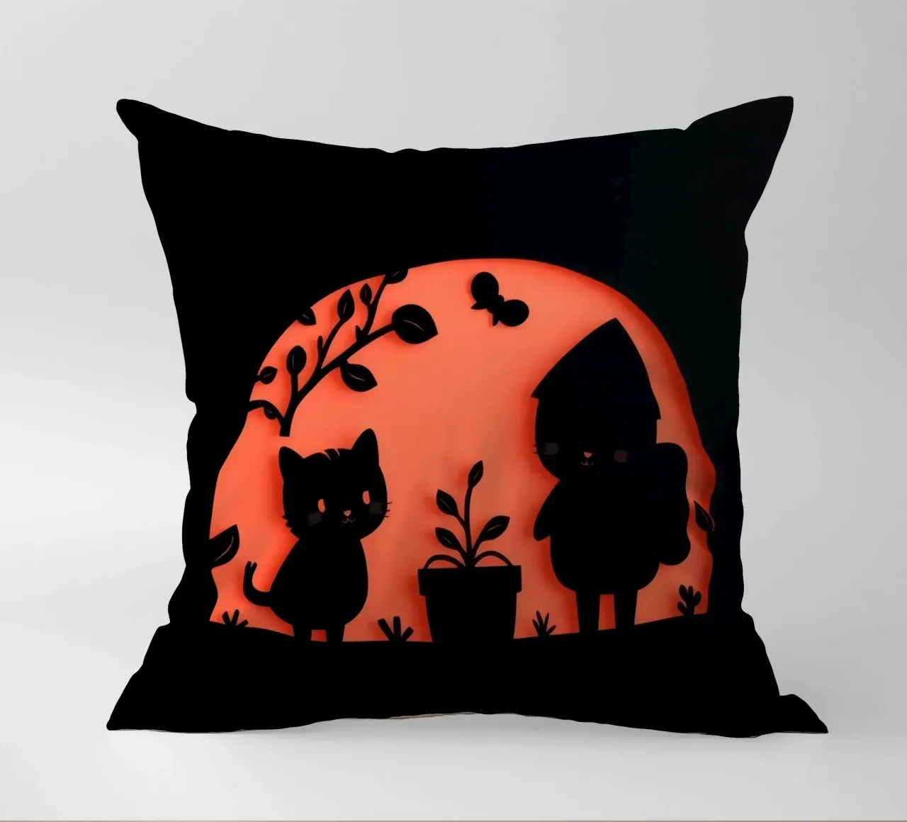 Silhouette of a character and a cat interacting decorative cushion by DesignDoodle