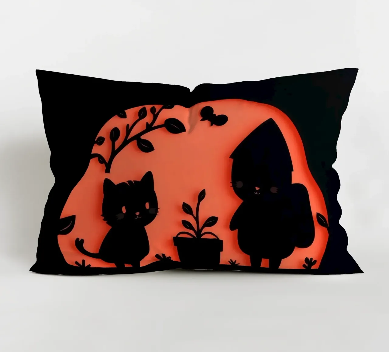 Silhouette of a character and a cat interacting decorative cushion by DesignDoodle