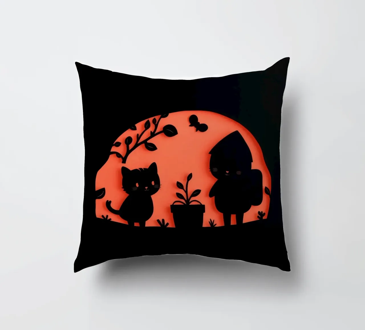 Silhouette of a character and a cat interacting decorative cushion by DesignDoodle